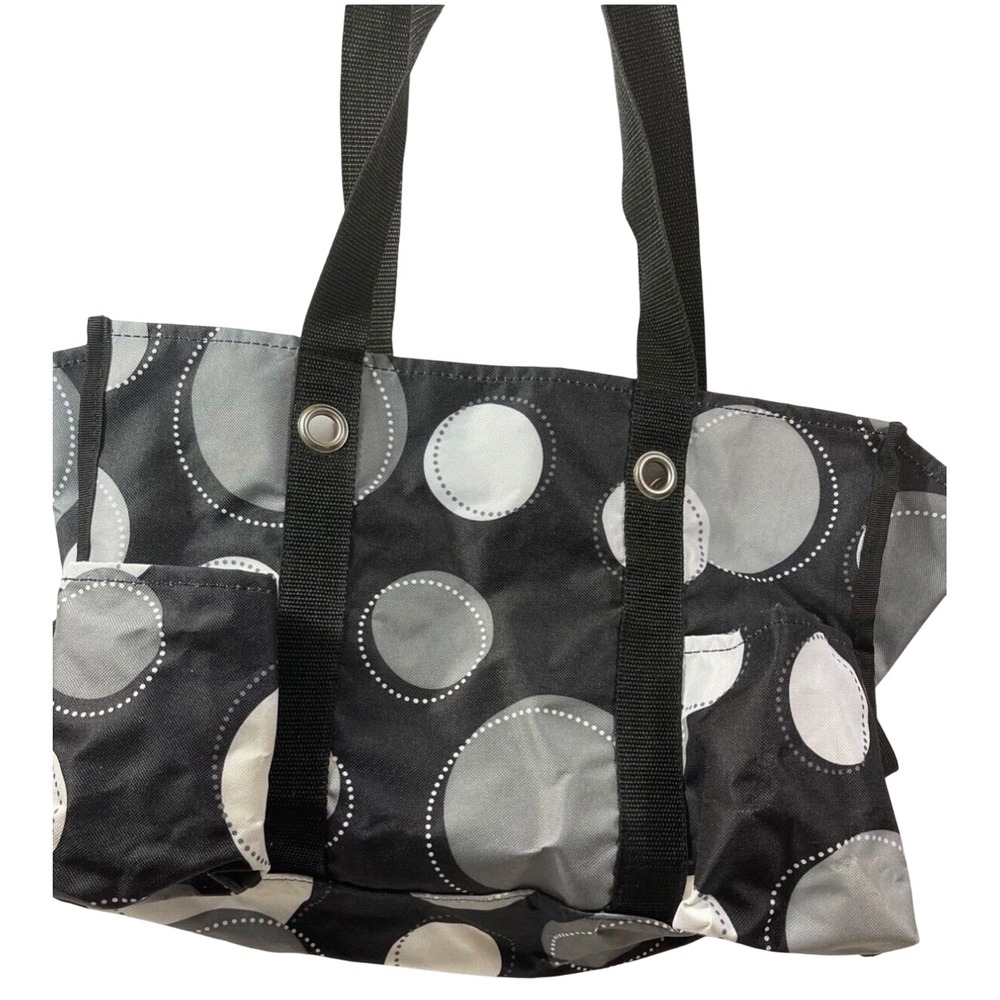 Thirty-One Zip-Top Utility Tote Black Grey Polka Dot Organizing Bag Pockets